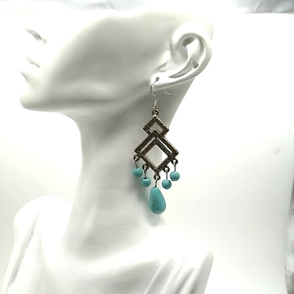Turquoise Antique Silver Dangle Earrings 2.25" Drop - Picture 8 of 14